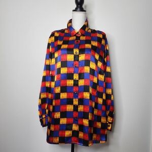 Vintage 90s‎ checkered vivid colored satin blouse